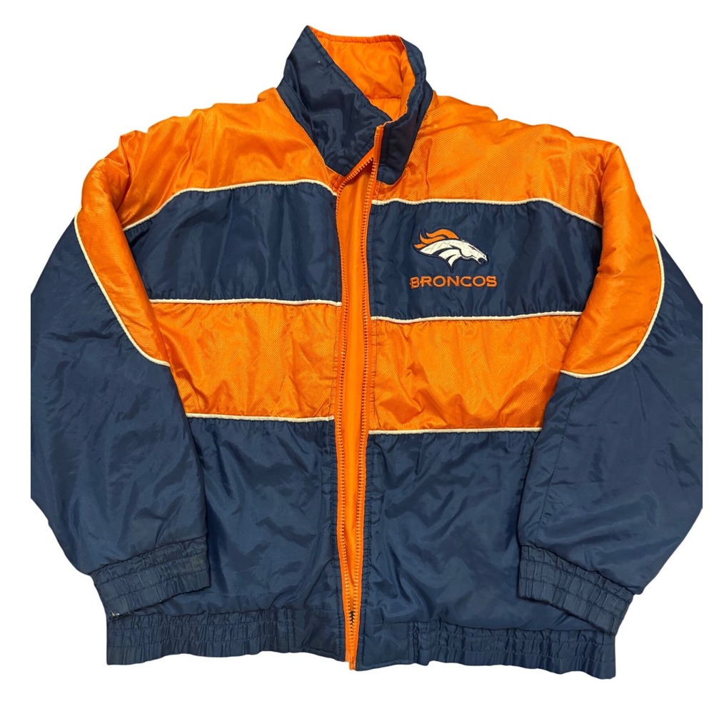 Vintage Denver Broncos Puffer Jacket Mens Blue Orange Full Zip Quilted Coat